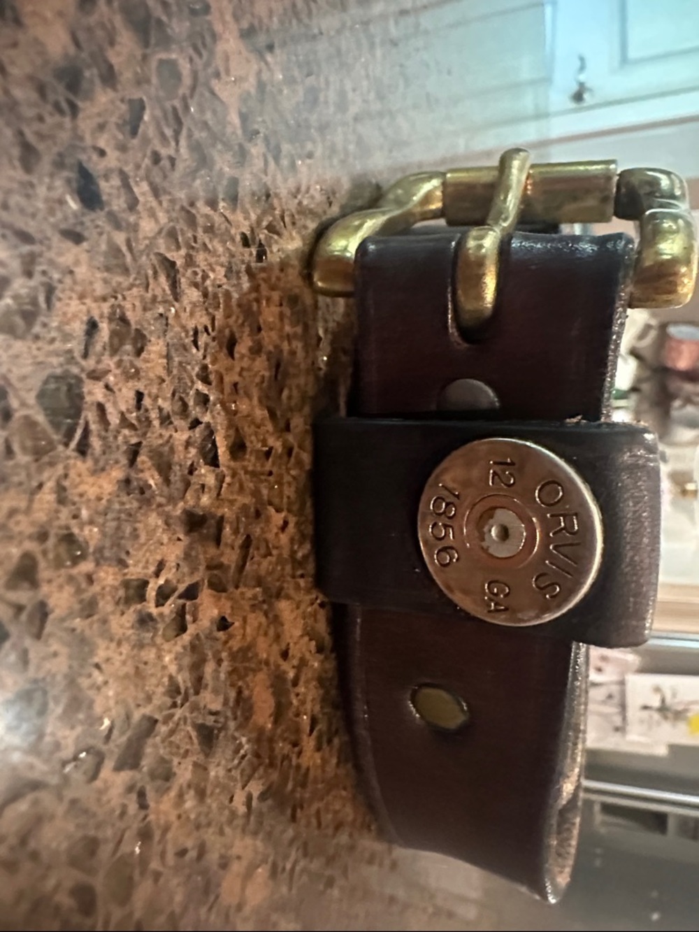 Orvis Brown Leather Belt with Brass Buckle and Shot Shell Medallion